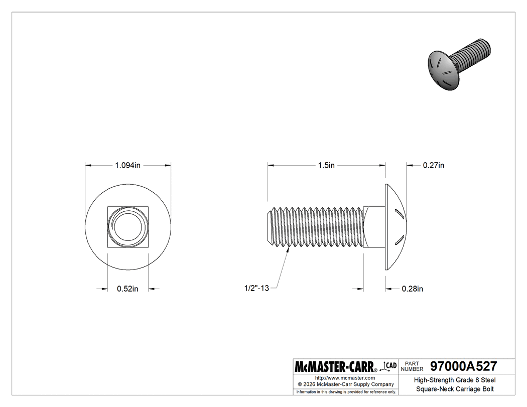 Technical Drawing of High-Strength Grade 8 Steel Square-Neck Carriage Bolt, 1/2"-13 Thread Size, 1-1/2" Long.